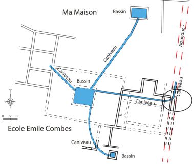 Plan des fouilles de l&lsquo;école Emile Combes avec l&lsquo;hypothèse de l&lsquo;aqueduc en limite de propriété
