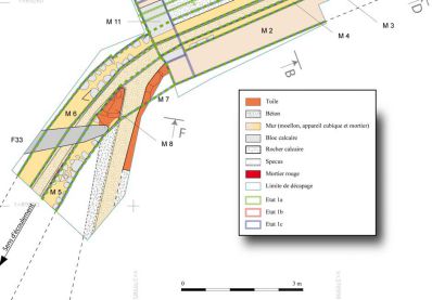 Figure A - Relevés J.-L. Hillairet – DAO V. Miailhe – Plan du mur-pont du premier aqueduc à gauche (flèche).